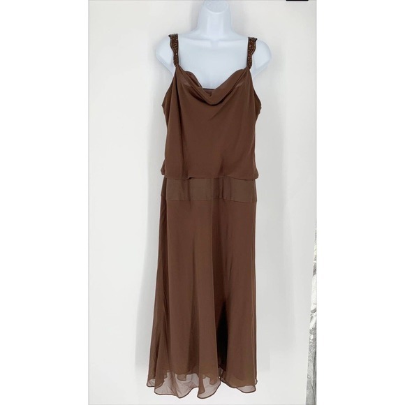 Evan Picone Plus Sz 16 Brown Formal Evening Sheer Sheath Shift Midi Dress Beaded - Picture 2 of 9